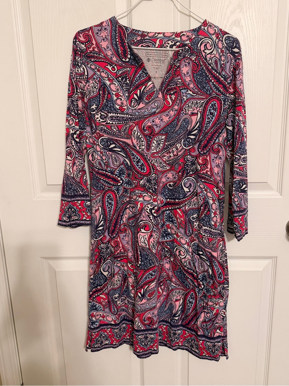 Coolibar Pink, Red & Navy Paisley Long Sleeve V-Neck Dress